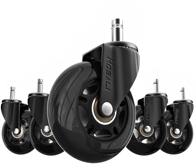 Main image of Office Chair Wheels Replacement, Rubber Chairs Casters for Hardwood & Carpet Floors, 3 Inch Computer Desk Caster Wheel Set of 5, Black