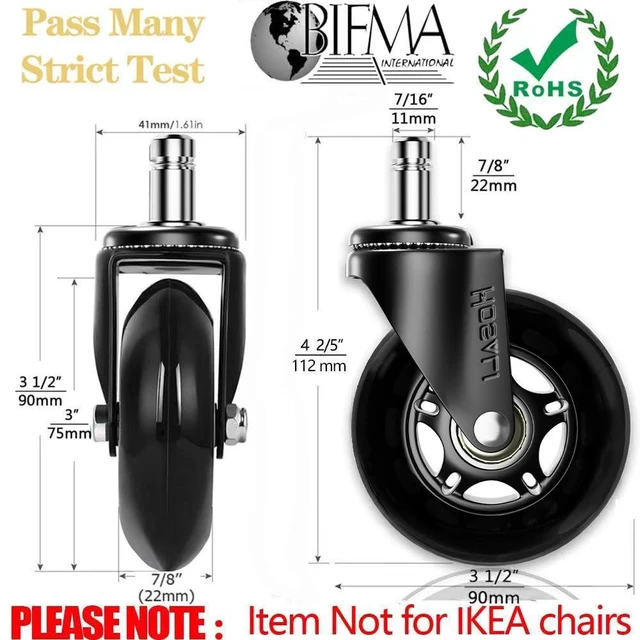 Alt view image 3 of 6 - Office Chair Wheels Replacement, Rubber Chairs Casters for Hardwood & Carpet Floors, 3 Inch Computer Desk Caster Wheel Set of 5, Black