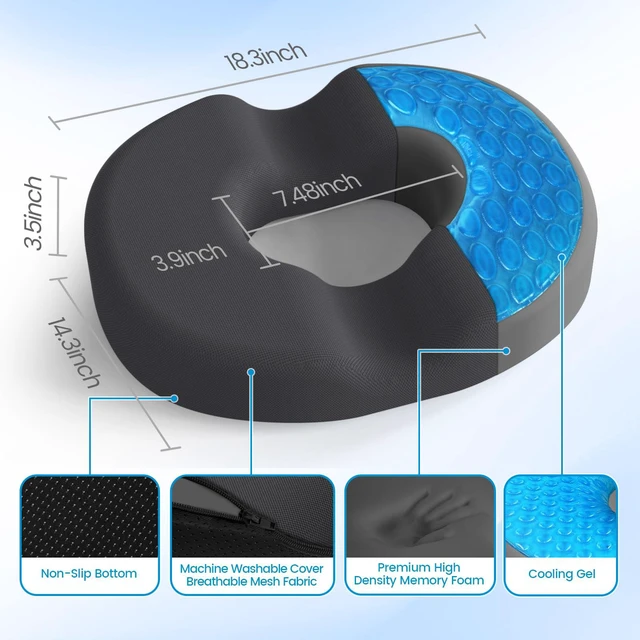 Alt view image 2 of 7 - Donut Pillow Seat Cushion, Cooling Gel Memory Foam Chair Cushion, Grey Office, Home & Car Seat Cushion, Butt Pillow for Tailbone Pain Relief, Hemorrhoids and Everyday Sitting Comfort