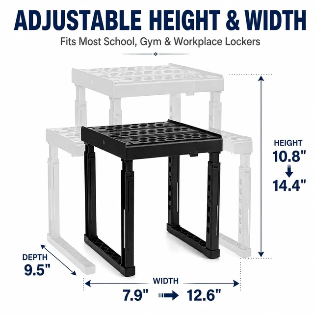 Alt view image 7 of 7 - Locker Shelf for School Locker Adjustable Height and Width, Locker Organizer Shelf Stackable Locker Tools for Gym Lockers, Office, Back to School Essentials, Black
