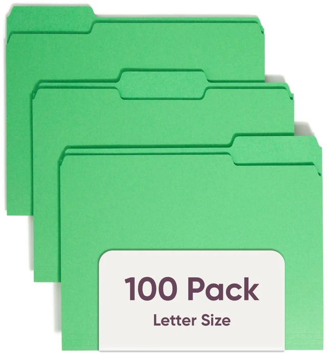 Main image of Standard File Folders, 100 Count, Green, 1/3-Cut Tabs, Letter Size (12143)