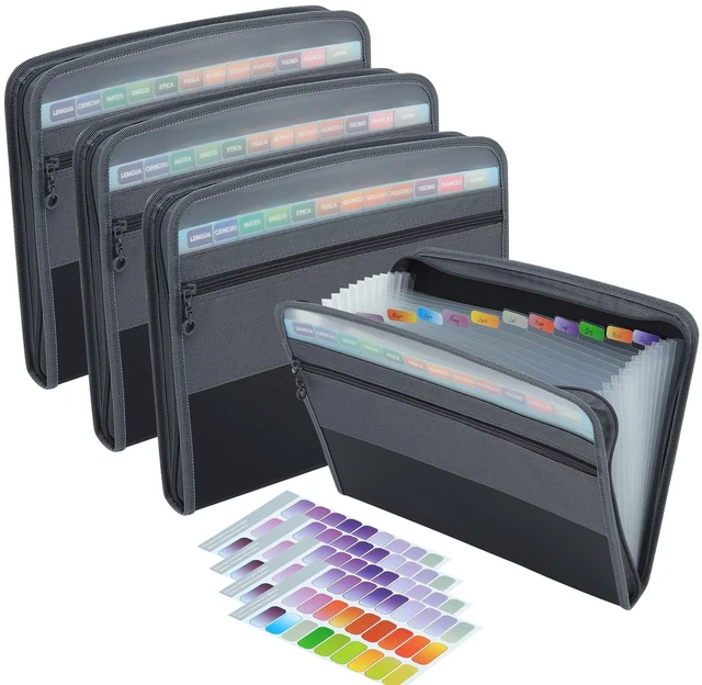 Main image of Expanding File Folders, 13 Pockets Document Organizer with Zipper, A4 Letter Size Portable Accordion Expanding File Folders with Multicolor Labels for Home Office School Supplies (Black 4 Pack)