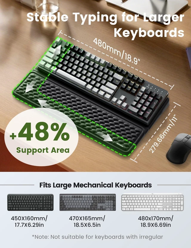Alt view image 3 of 7 - Extra-Large Wrist Rest with Keyboard Stand, Ergonomic Wrist Support Pad, Soft Memory Foam Wrist Cushion for Mechanical 100% Full-Size Keyboard, Carpal Tunnel Pain Relief, Black