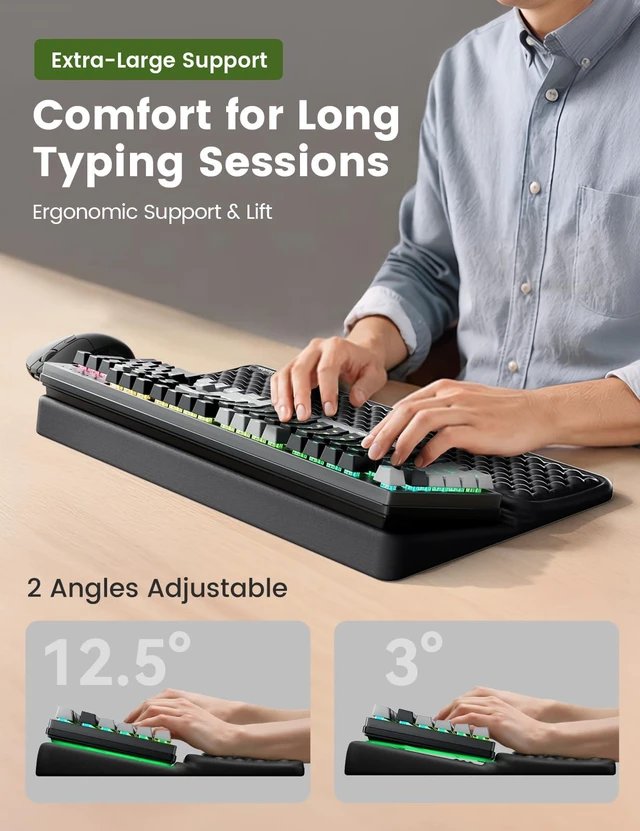 Alt view image 6 of 7 - Extra-Large Wrist Rest with Keyboard Stand, Ergonomic Wrist Support Pad, Soft Memory Foam Wrist Cushion for Mechanical 100% Full-Size Keyboard, Carpal Tunnel Pain Relief, Black
