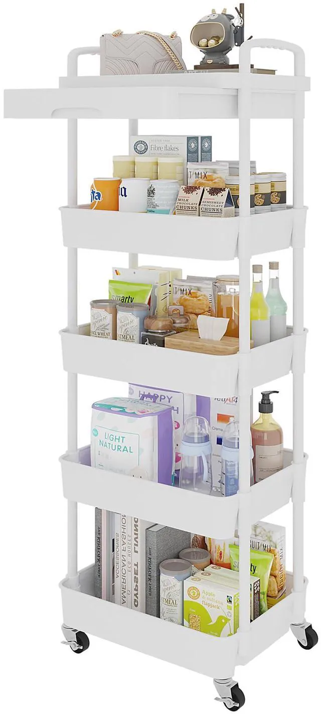 Main image of 5-Tier Utility Cart with Drawer & Wheels, Storage for Home,Office Space-Saving Organizer, Sturdy Plastic Shelves, Smooth-Rolling Metal Wheels, Built-in Drawer for Small Items, White