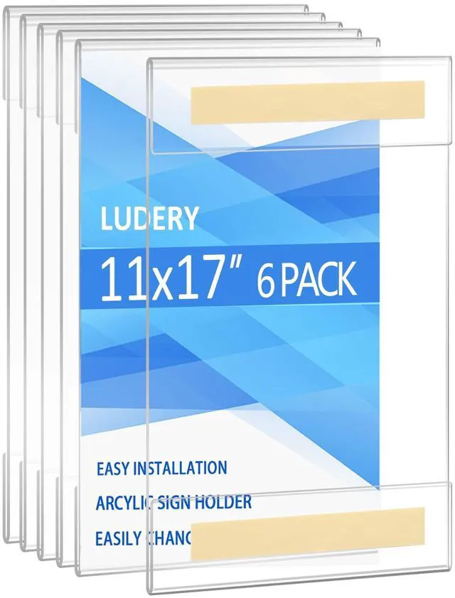 Main image of Acrylic Sign Holder 11 x 17 inches Vertical Wall Mount Sign Holders Clear Acrylic Frame with 3M Tape Adhesive Clear Poster Frames Plastic Sign Holder for Office, Home, Restaurant-No Drilling(6 Pack)
