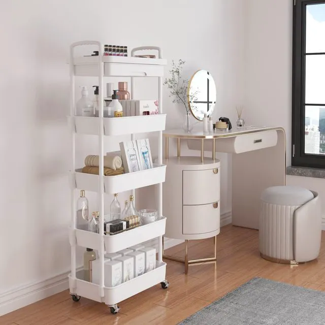Alt view image 2 of 7 - 5-Tier Utility Cart with Drawer & Wheels, Storage for Home,Office Space-Saving Organizer, Sturdy Plastic Shelves, Smooth-Rolling Metal Wheels, Built-in Drawer for Small Items, White