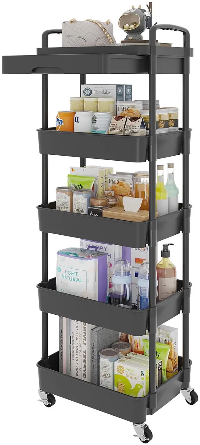 Main image of 5-Tier Utility Cart with Drawer & Wheels, Storage for Home,Office Space-Saving Organizer, Sturdy Plastic Shelves, Smooth-Rolling Metal Wheels, Built-in Drawer for Small Items, Black