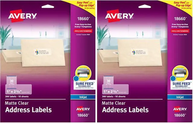 Main image of Printable Address Labels with Sure Feed, 1" x 2-5/8", Matte Clear, 300 Blank Mailing Labels (18660) (Pack of 2)