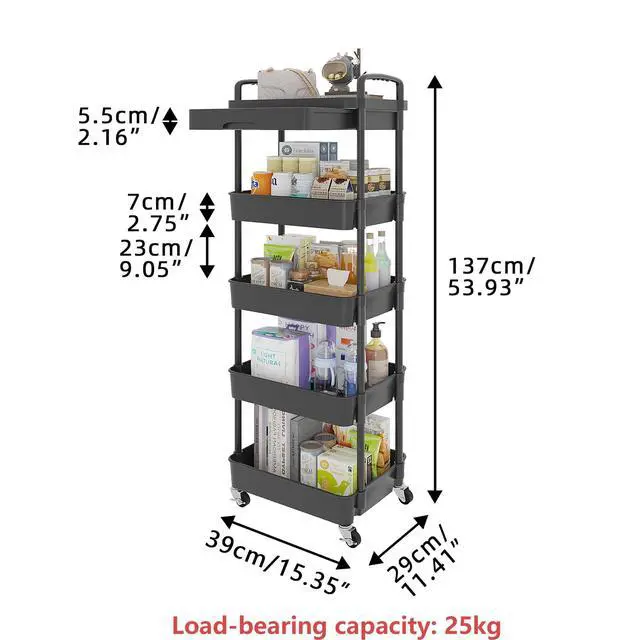 Alt view image 5 of 7 - 5-Tier Utility Cart with Drawer & Wheels, Storage for Home,Office Space-Saving Organizer, Sturdy Plastic Shelves, Smooth-Rolling Metal Wheels, Built-in Drawer for Small Items, Black