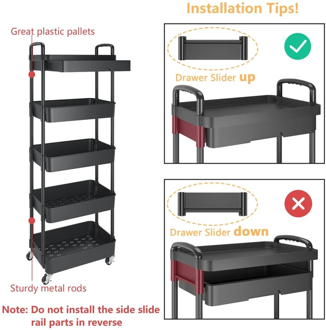 Alt view image 6 of 7 - 5-Tier Utility Cart with Drawer & Wheels, Storage for Home,Office Space-Saving Organizer, Sturdy Plastic Shelves, Smooth-Rolling Metal Wheels, Built-in Drawer for Small Items, Black