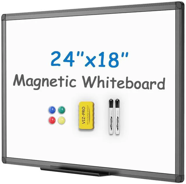 Main image of Magnetic Dry Erase Board, 24 x 18 Inches, Black Aluminium Frame Includes 1 Eraser, 2 Markers & 4 Magnets, Wall Mounted Whiteboard for School Office and Home