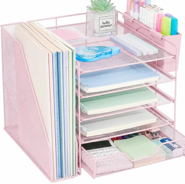 Main image of 5-Tier Desk File Organizer with Drawer & Pen Holder (Pink) Desk Organizers and Accessories, Office Desk Accessories & Workspace Desktop Organizers for Classroom, Home, Office Supplies