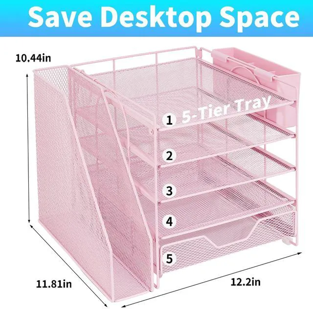 Alt view image 2 of 6 - 5-Tier Desk File Organizer with Drawer & Pen Holder (Pink) Desk Organizers and Accessories, Office Desk Accessories & Workspace Desktop Organizers for Classroom, Home, Office Supplies