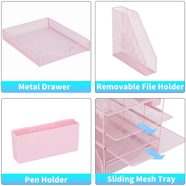 Alt view image 3 of 6 - 5-Tier Desk File Organizer with Drawer & Pen Holder (Pink) Desk Organizers and Accessories, Office Desk Accessories & Workspace Desktop Organizers for Classroom, Home, Office Supplies