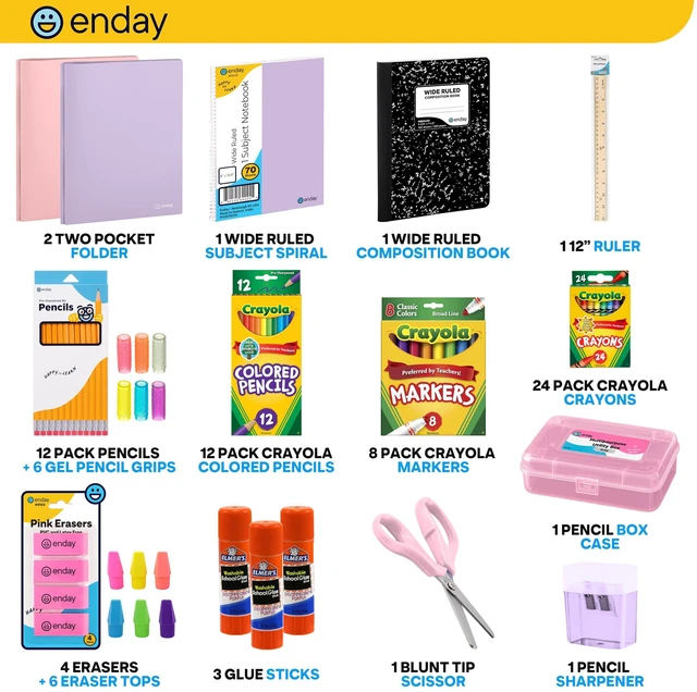 Alt view image 2 of 7 - Back to School Supplies Kit - Grades K-5, 83 Piece Back to School Supplies Kit, Kindergarten School Supplies Kids for Girls & Boys (1 Kit - Purple Pink)