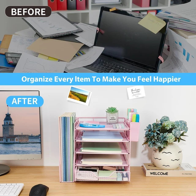 Alt view image 4 of 6 - 5-Tier Desk File Organizer with Drawer & Pen Holder (Pink) Desk Organizers and Accessories, Office Desk Accessories & Workspace Desktop Organizers for Classroom, Home, Office Supplies