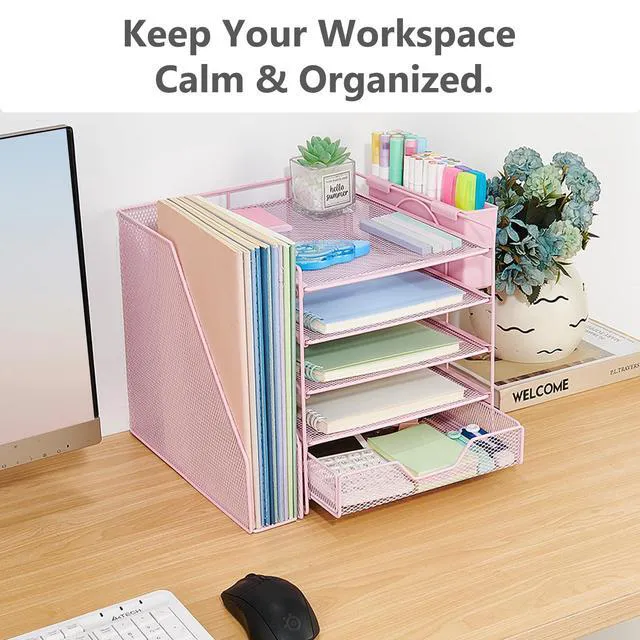 Alt view image 5 of 6 - 5-Tier Desk File Organizer with Drawer & Pen Holder (Pink) Desk Organizers and Accessories, Office Desk Accessories & Workspace Desktop Organizers for Classroom, Home, Office Supplies