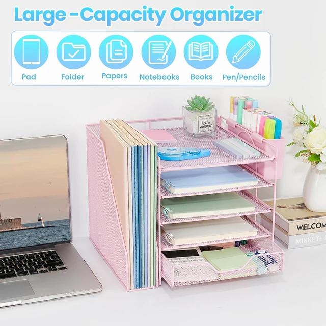 Alt view image 6 of 6 - 5-Tier Desk File Organizer with Drawer & Pen Holder (Pink) Desk Organizers and Accessories, Office Desk Accessories & Workspace Desktop Organizers for Classroom, Home, Office Supplies