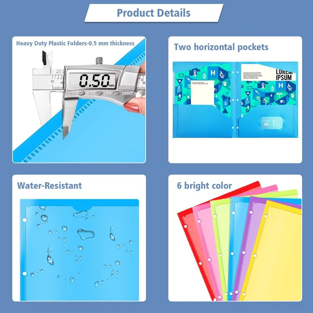 Alt view image 4 of 6 - Heavy Duty Plastic Folders with Clear Front Pocket and Holes-18 Pack,Assorted Colors Folder with 2 Pockets and 3 Holes for 3 Ring Binders,Folder with Card Slot for School,Office and Home