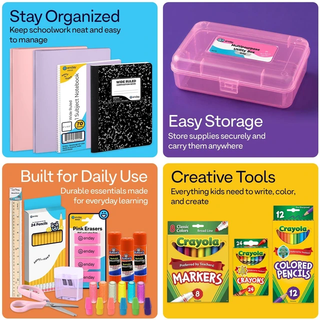Alt view image 3 of 7 - Back to School Supplies Kit - Grades K-5, 83 Piece Back to School Supplies Kit, Kindergarten School Supplies Kids for Girls & Boys (1 Kit - Purple Pink)
