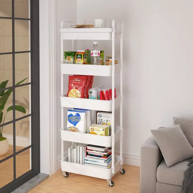 Alt view image 4 of 7 - 5-Tier Utility Cart with Drawer & Wheels, Storage for Home,Office Space-Saving Organizer, Sturdy Plastic Shelves, Smooth-Rolling Metal Wheels, Built-in Drawer for Small Items, White