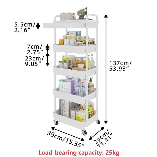 Alt view image 5 of 7 - 5-Tier Utility Cart with Drawer & Wheels, Storage for Home,Office Space-Saving Organizer, Sturdy Plastic Shelves, Smooth-Rolling Metal Wheels, Built-in Drawer for Small Items, White