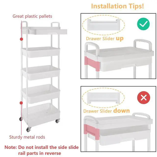 Alt view image 6 of 7 - 5-Tier Utility Cart with Drawer & Wheels, Storage for Home,Office Space-Saving Organizer, Sturdy Plastic Shelves, Smooth-Rolling Metal Wheels, Built-in Drawer for Small Items, White