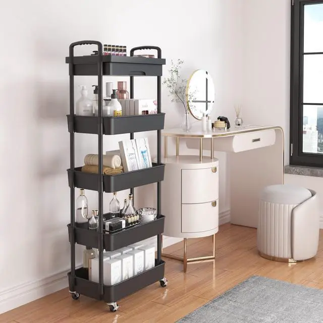 Alt view image 2 of 7 - 5-Tier Utility Cart with Drawer & Wheels, Storage for Home,Office Space-Saving Organizer, Sturdy Plastic Shelves, Smooth-Rolling Metal Wheels, Built-in Drawer for Small Items, Black