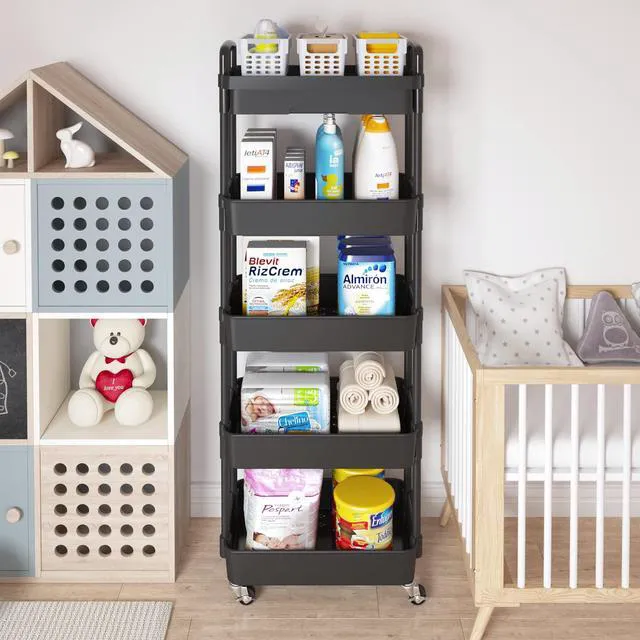 Alt view image 3 of 7 - 5-Tier Utility Cart with Drawer & Wheels, Storage for Home,Office Space-Saving Organizer, Sturdy Plastic Shelves, Smooth-Rolling Metal Wheels, Built-in Drawer for Small Items, Black