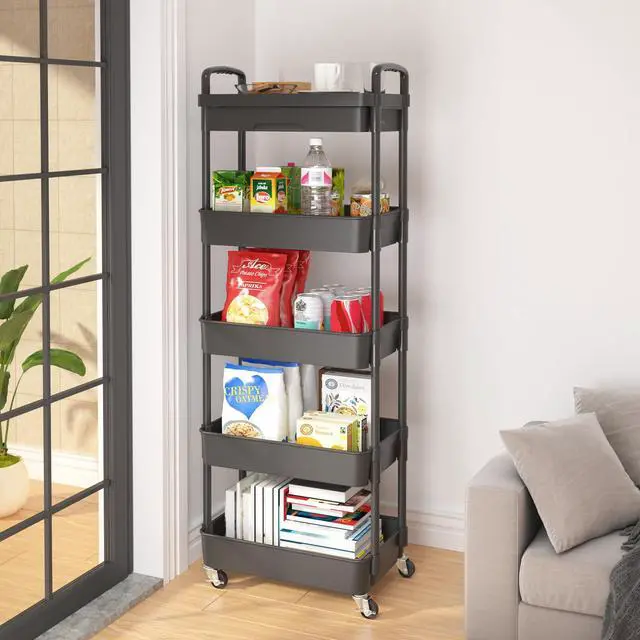 Alt view image 4 of 7 - 5-Tier Utility Cart with Drawer & Wheels, Storage for Home,Office Space-Saving Organizer, Sturdy Plastic Shelves, Smooth-Rolling Metal Wheels, Built-in Drawer for Small Items, Black