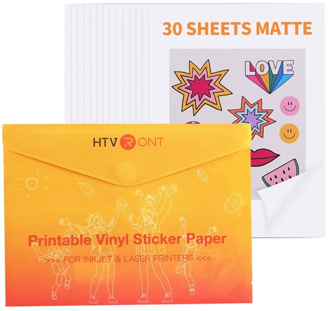 Main image of Printable Vinyl Sticker Paper, 30 Sheets, Matte White, 8.5"x11" Easy to Use & Peel Off, Anti-Curl & Jam-Free Design, Fast Dry, Great Stickiness, Tear Resistant, For Inkjet Printer