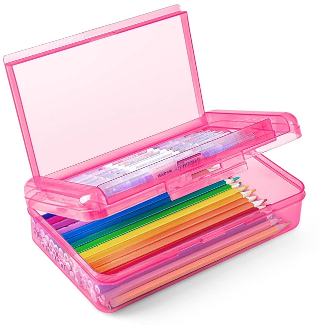 Main image of Double Layer Plastic Hard Clear Color Pencil box Case for Girl Boy kids Colored Cute kids Pen Case Box for Marker Crayon,School Office Art Supplies Storage Organizer Box,Medium Size, Dark Pink