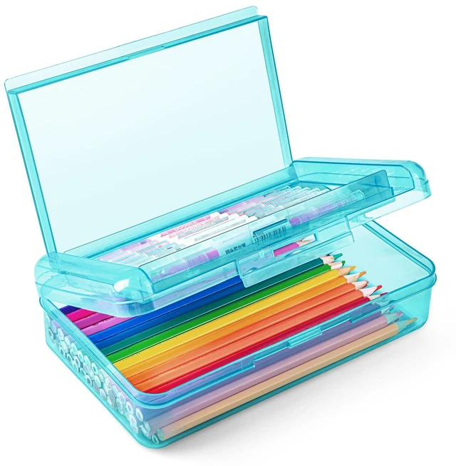 Main image of Double Layer Plastic Hard Clear Color Pencil box Case for Girl Boy kids Colored Cute kids Pen Case Box for Marker Crayon,School Office Art Supplies Storage Organizer Box,Medium Size,(Light Blue)
