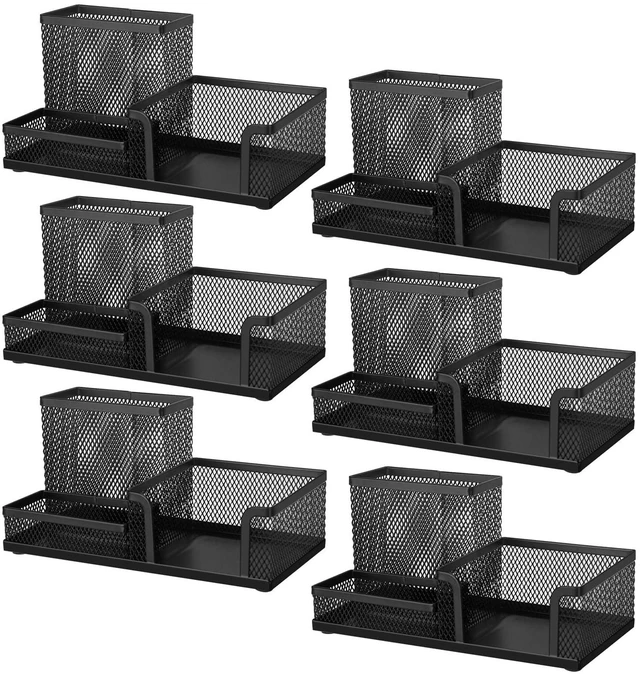 Main image of 6 Packs Mesh Pen Holder, Desk Organizer for Home Office, Black 3 Compartment Pencil Holder, Sticky Notes Holder, Pen Organizer Office Supplies