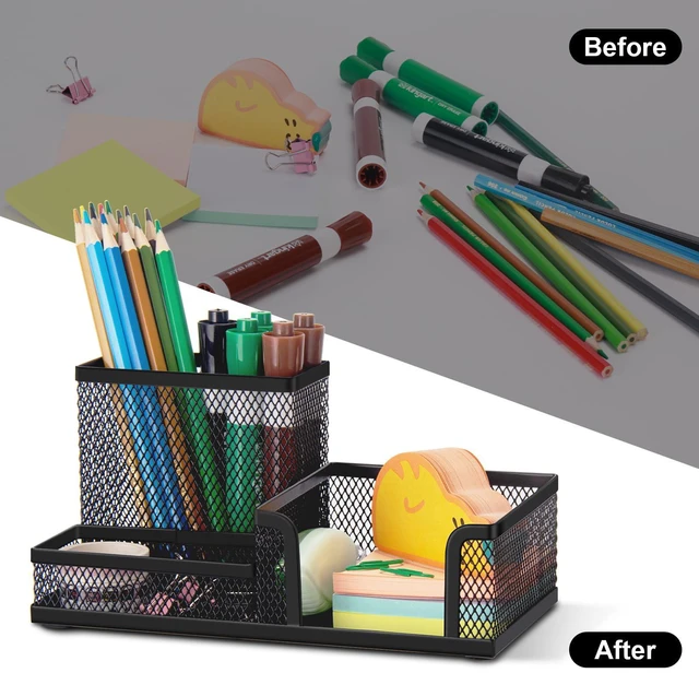 Alt view image 7 of 7 - 6 Packs Mesh Pen Holder, Desk Organizer for Home Office, Black 3 Compartment Pencil Holder, Sticky Notes Holder, Pen Organizer Office Supplies