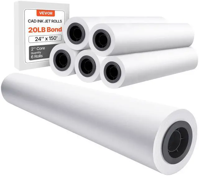 Main image of Wide Format Paper, 24 in x 150 ft Plotter Media, 6 Rolls CAD Bond Rolls with 2 in Core, 20 LB Bond Rolls, Ideal for CAD Drawings, Engineering Plans, GIS Maps & Architectural Designs