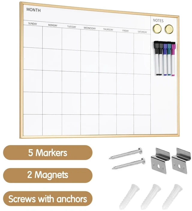 Alt view image 6 of 6 - Monthly Calendar Whiteboard, 17" x 13" Gold Wooden Frame Magnetic Dry Erase Calendar with 2 Magnets & 5 Whiteboard Pens, Monthly Calendar Whiteboard for Office School Home
