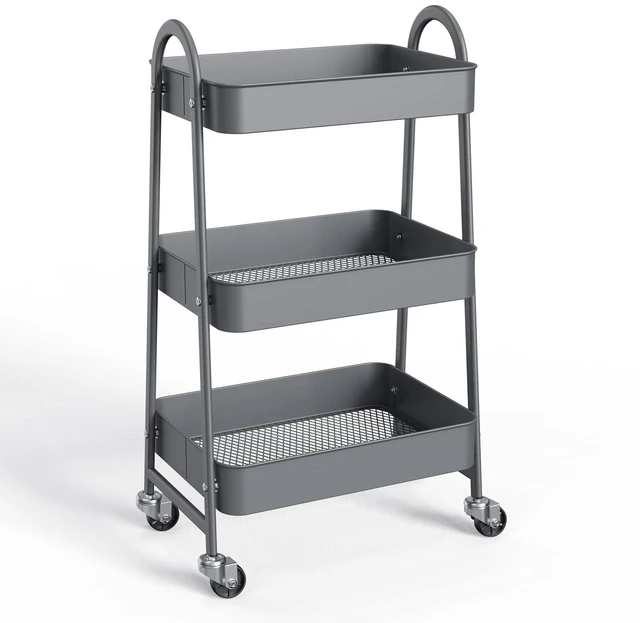 Main image of 3-Tier Metal Rolling Storage Utility Cart with Lockable Wheels Mobile Organizer Shelf, Space-Saving, Freestanding, Bathroom, Living Room, Slim, Narrow Corner Spaces, Grey