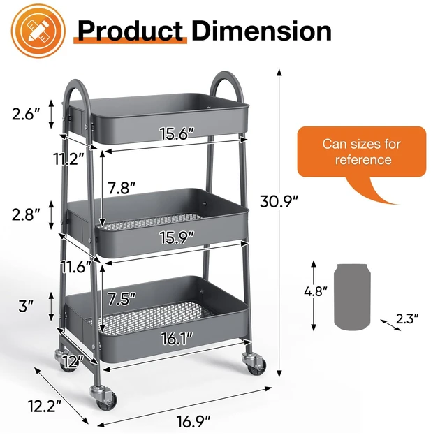 Alt view image 4 of 7 - 3-Tier Metal Rolling Storage Utility Cart with Lockable Wheels Mobile Organizer Shelf, Space-Saving, Freestanding, Bathroom, Living Room, Slim, Narrow Corner Spaces, Grey