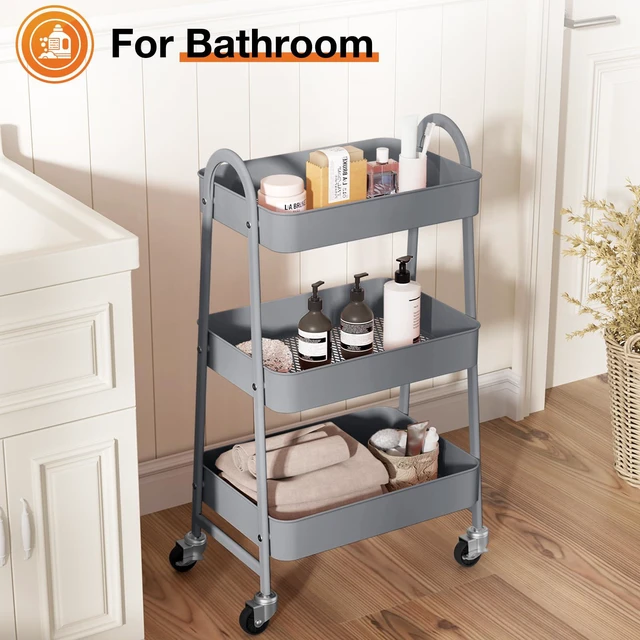 Alt view image 5 of 7 - 3-Tier Metal Rolling Storage Utility Cart with Lockable Wheels Mobile Organizer Shelf, Space-Saving, Freestanding, Bathroom, Living Room, Slim, Narrow Corner Spaces, Grey