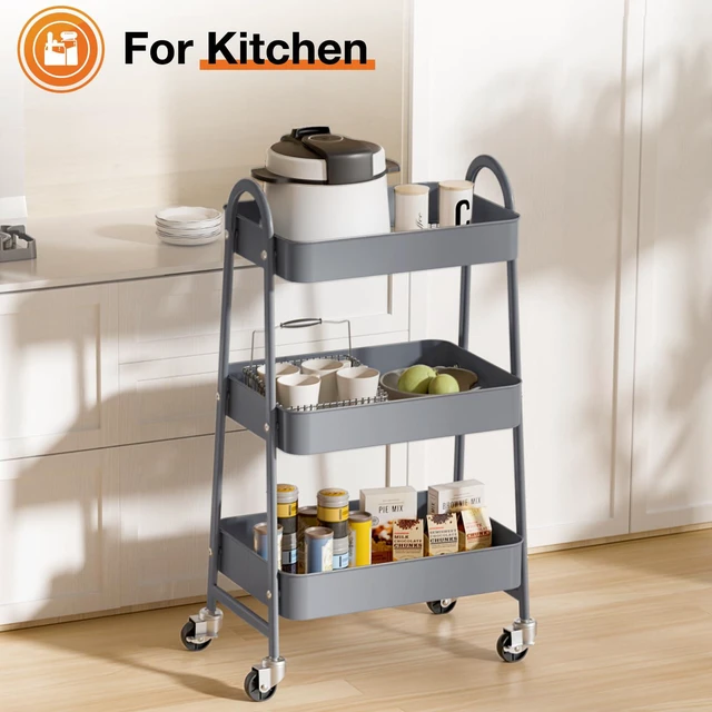 Alt view image 6 of 7 - 3-Tier Metal Rolling Storage Utility Cart with Lockable Wheels Mobile Organizer Shelf, Space-Saving, Freestanding, Bathroom, Living Room, Slim, Narrow Corner Spaces, Grey