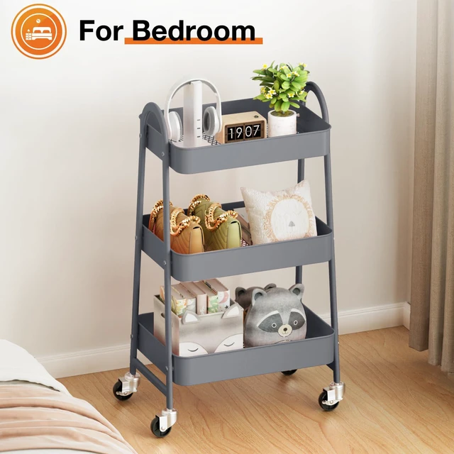 Alt view image 7 of 7 - 3-Tier Metal Rolling Storage Utility Cart with Lockable Wheels Mobile Organizer Shelf, Space-Saving, Freestanding, Bathroom, Living Room, Slim, Narrow Corner Spaces, Grey
