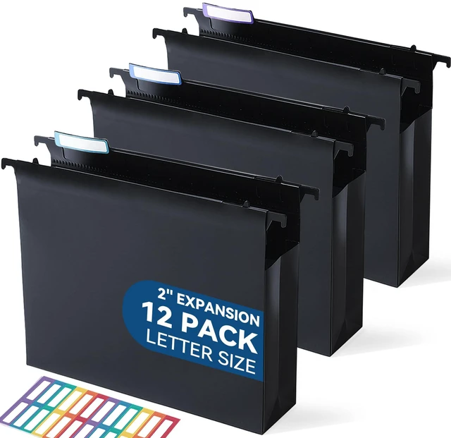 Main image of Plastic Hanging File Folders, 2" Expansion, Letter Size, Black Extra Capacity for Bulky Files, Sturdy Plastic, Fully Enclosed Sides, Insertable 1/5-Cut Tabs, 12-Pack for Filing Cabinets