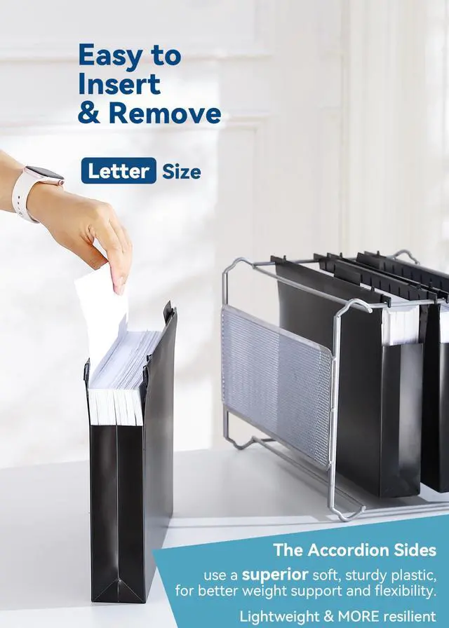 Alt view image 3 of 6 - Plastic Hanging File Folders, 2" Expansion, Letter Size, Black Extra Capacity for Bulky Files, Sturdy Plastic, Fully Enclosed Sides, Insertable 1/5-Cut Tabs, 12-Pack for Filing Cabinets
