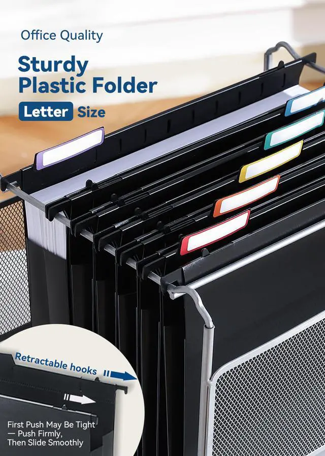 Alt view image 5 of 6 - Plastic Hanging File Folders, 2" Expansion, Letter Size, Black Extra Capacity for Bulky Files, Sturdy Plastic, Fully Enclosed Sides, Insertable 1/5-Cut Tabs, 12-Pack for Filing Cabinets