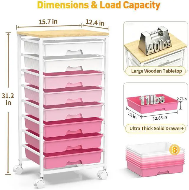 Alt view image 2 of 7 - Rolling Cart With 8 Drawers, Storage Drawer Cart for Craft Art,Pink Storage Utility Cart with Wooden Tabletop & 2 Lockable Wheels, Teacher Storage Cart for Classroom School Storage, Makeup,Nail