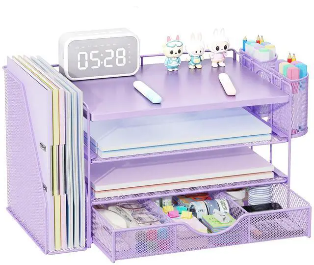 Main image of Wood Desk Organizers and Accessories with File Holder, 4-Tier Desk Accessories & Workspace Organizers with Drawer and 2 Pen Holder, Desk Reference Organizer (Purple, 4T with Metal Drawer)