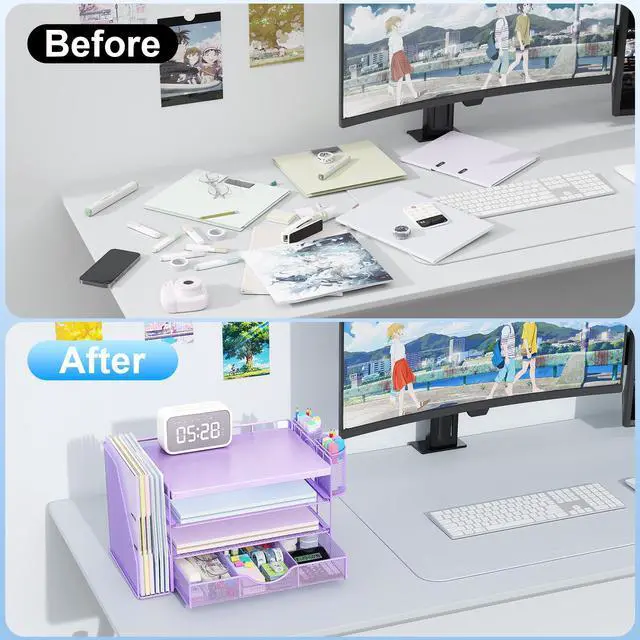 Alt view image 2 of 7 - Wood Desk Organizers and Accessories with File Holder, 4-Tier Desk Accessories & Workspace Organizers with Drawer and 2 Pen Holder, Desk Reference Organizer (Purple, 4T with Metal Drawer)