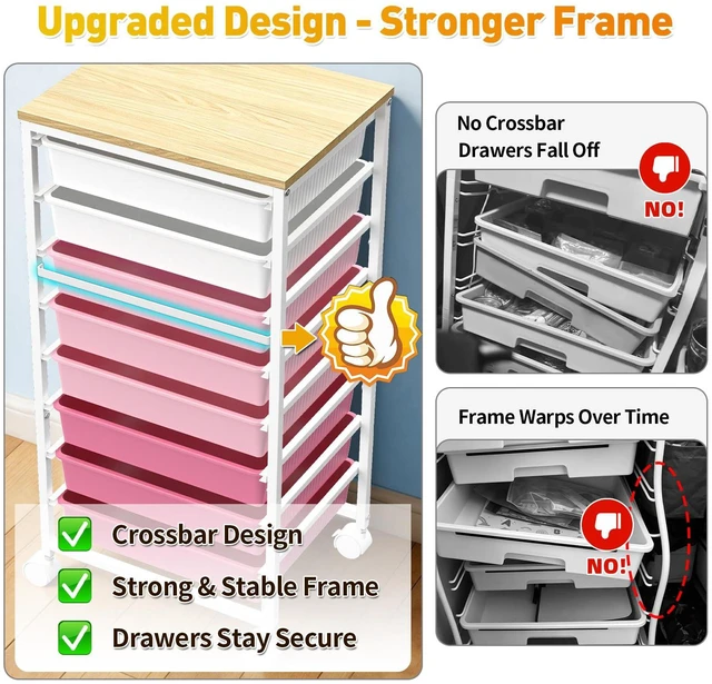 Alt view image 3 of 7 - Rolling Cart With 8 Drawers, Storage Drawer Cart for Craft Art,Pink Storage Utility Cart with Wooden Tabletop & 2 Lockable Wheels, Teacher Storage Cart for Classroom School Storage, Makeup,Nail